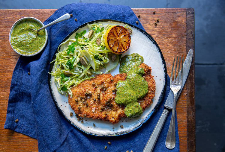 Recipe: Schnitzel with crispy capers, salsa verde and caperberry coles ...